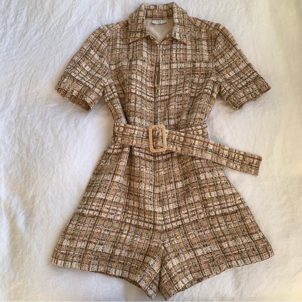 Sandro Acacia Tweed Cotton Belted Collar Zip Short Sleeve Romper Jumpsuit - Picture 1 of 13